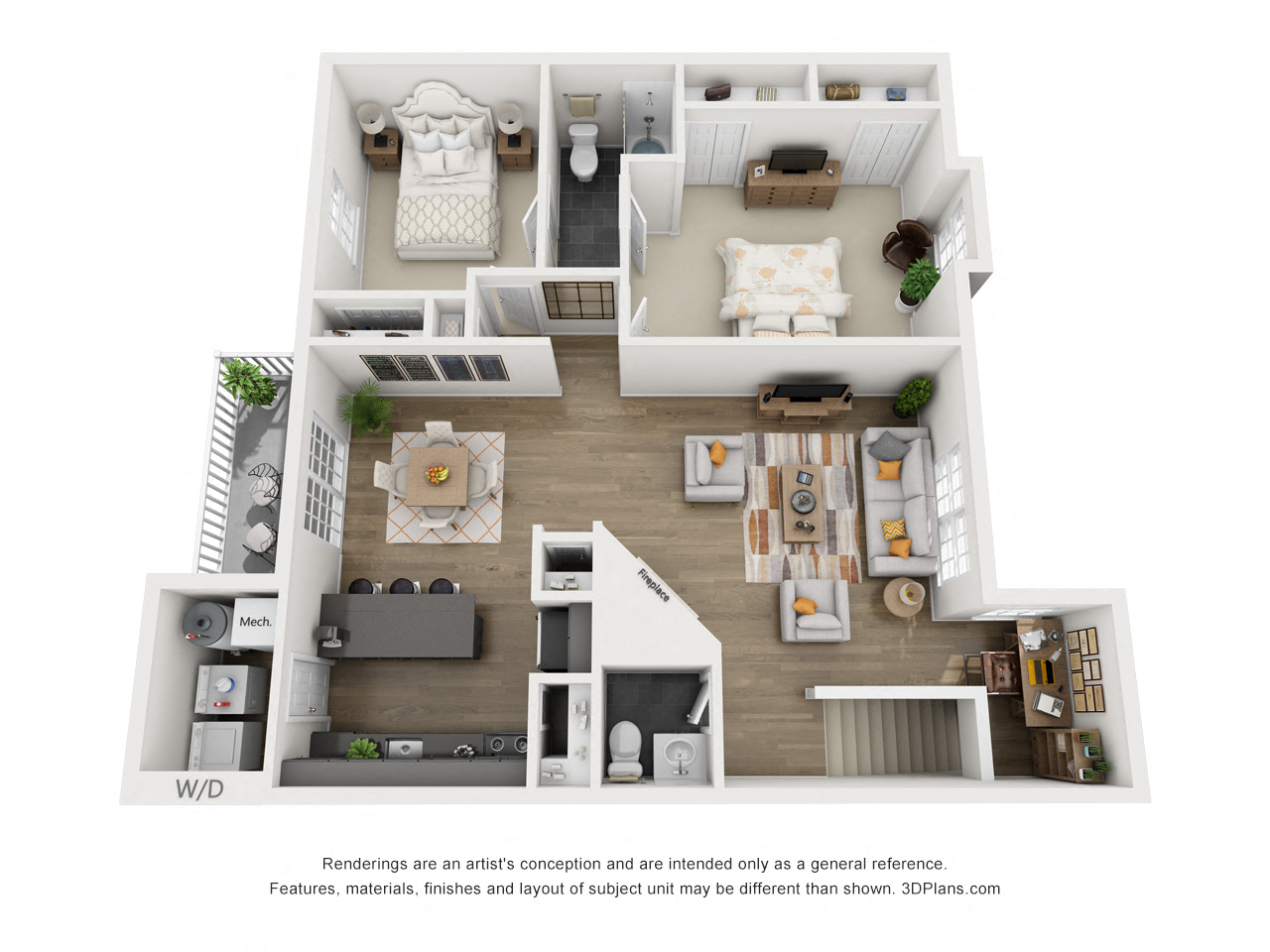 Floor plan for 2 beds, 1.5 baths, 1026 sqft